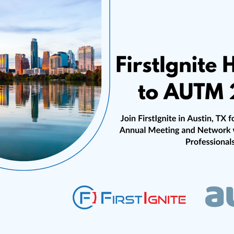 The image is a promotional graphic from FirstIgnite. It features the title "FirstIgnite Heading to AUTM 2023" along with the AUTM logo and name. There is also text that says "Join FirstIgnite in Austin, TX for the AUTM 2023 Annual Meeting and Network with Tech Transfer Professionals!" There is also a photo of Austin, TX. The FirstIgnite logo is positioned at the bottom middle.