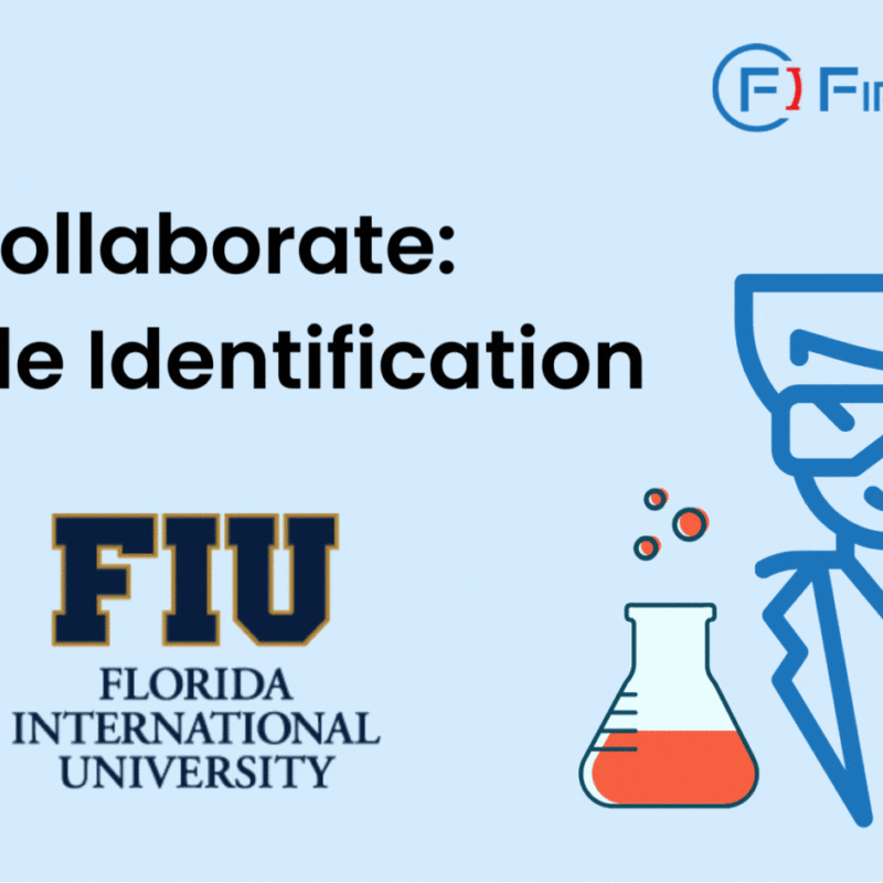 The image is a promotional graphic from FirstIgnite. It features the title "Collaborate: Peptide Identification" along with the Florida International University logo and name. There is also an illustration of a scientist and beaker on the right side. The FirstIgnite logo is positioned at the top right corner.